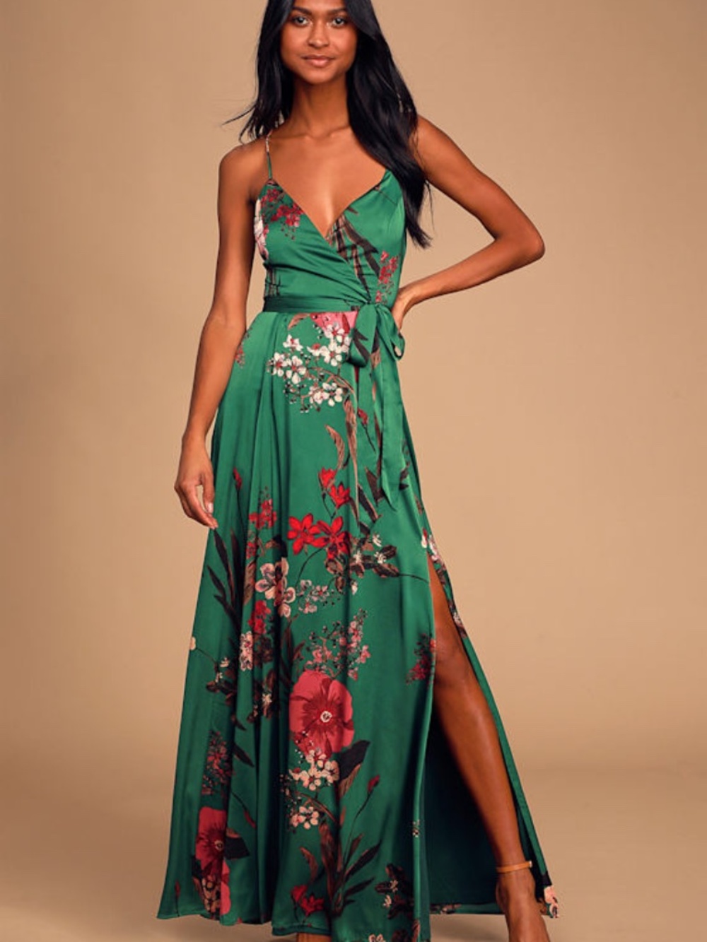 Lulus Still The One Emerald Green Floral Print Satin Maxi Dress - Size XS